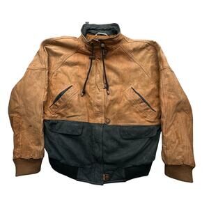 Vintage Brandon Thomas Two Tone Bomber Leather Jacket Small Full Zip Snap Button